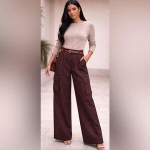 Brown Wide-Leg Cargo Pants